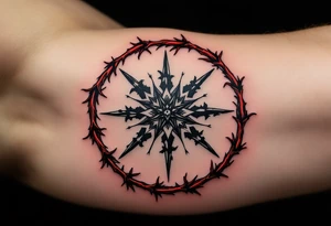 A black protective sigil on parchment-toned skin, encased in a circle of red thorns. tattoo idea