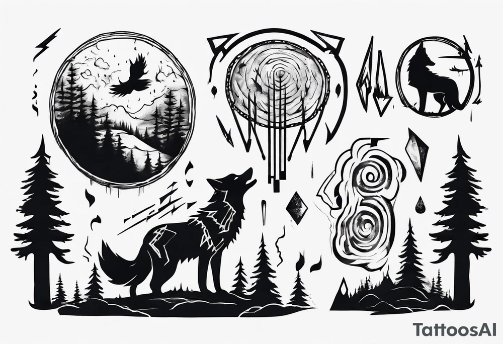 thunderstorm over a forest with a wolf howling on drums tattoo idea thunderstorm over a forest with a wolf howling on drums tattoo idea