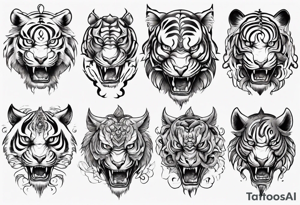 Ancient mythical tiger-like creature on a sleeve tattoo idea