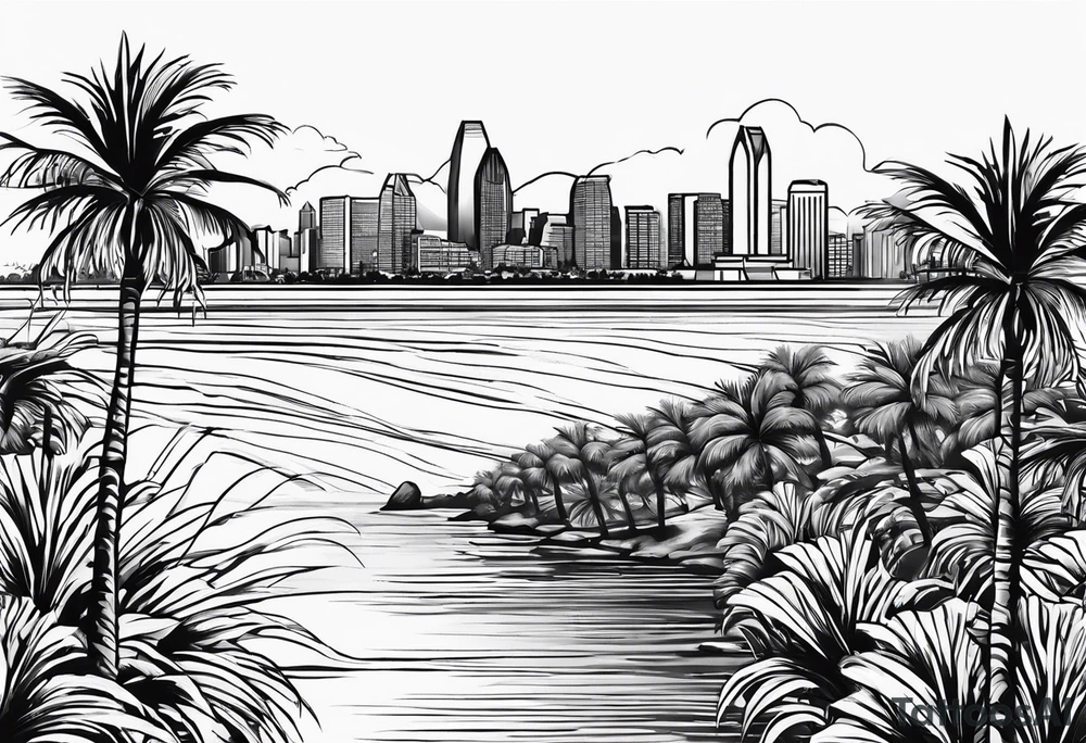 Water leading up to the San Diego skyline with palm trees tattoo idea