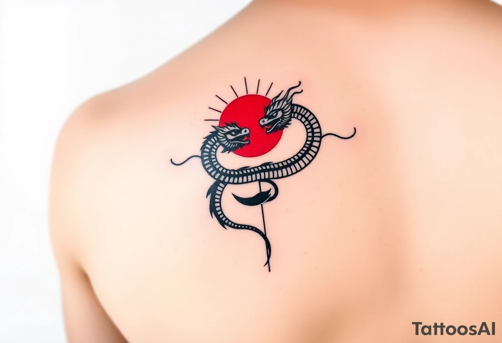 "Minimalist black and red forearm band tattoo. Seamless 360° design combining:  
1. Greek meander (geometric flow)  
2. Polynesian tribal rhythm (bold lines)  
3. Chinese dragon (abstract zigzag)  

Key elements:  
- Small red sun (circle + 4 rays) — only color  
- Dragon fused with meander (single continuous line)  
- Golden ratio proportions  

Style: Clean line art, 1.5mm thickness, no shading. Sacred and balanced." tattoo idea