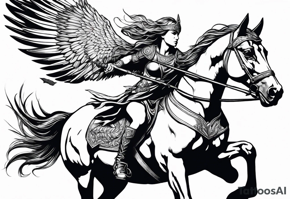 Valkyrie on winged Pegasus, flight, holding spear tattoo idea