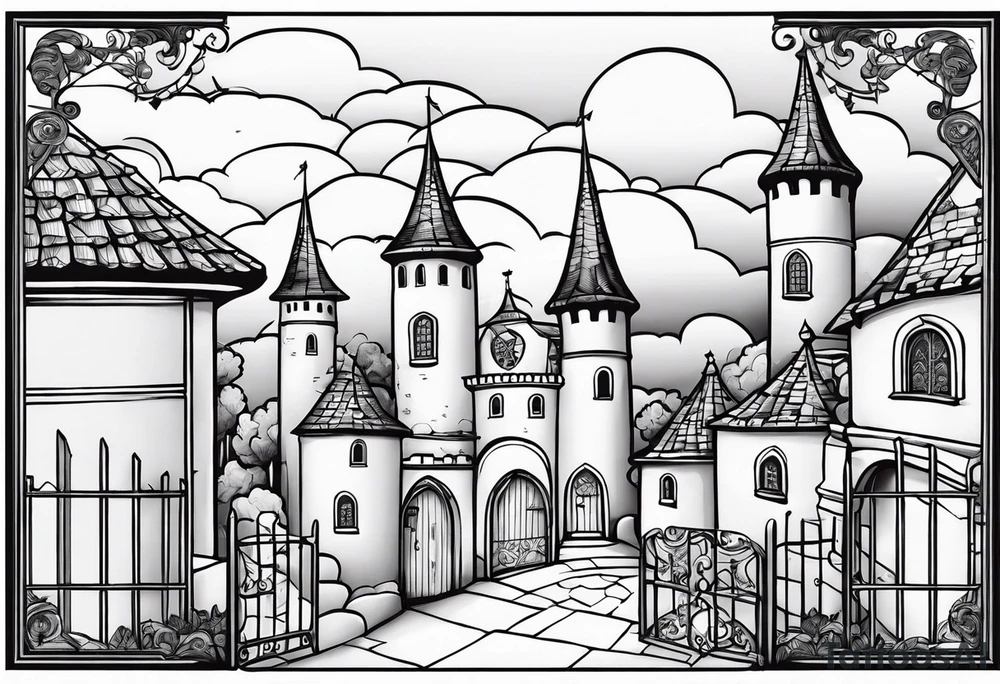 sky medieval town garden with towers small houses gate entrance clouds
in rounded vignette tattoo idea
