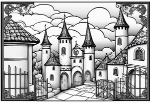 sky medieval town garden with towers small houses gate entrance clouds
 in rounded vignette tattoo idea