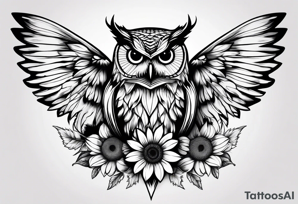 Owl with butterfly and sunflower tattoo idea