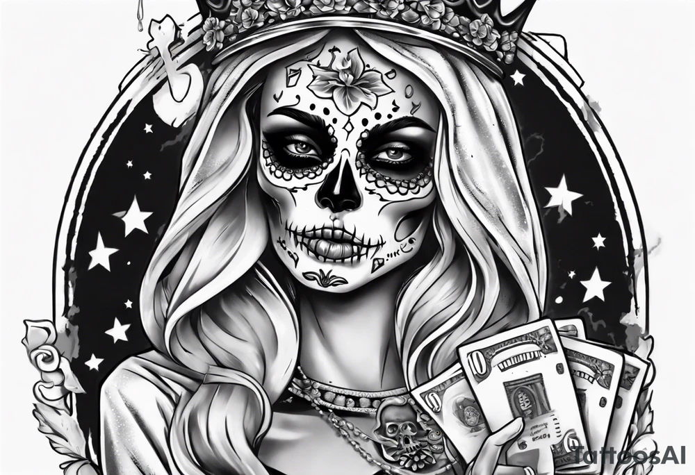 santa la muerta with money and crown
on the card tattoo idea