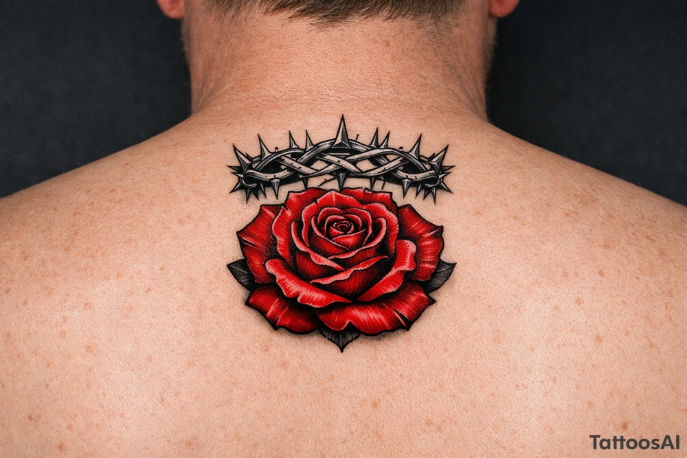 Red rose, no stem, leaves , American traditional style
Put something on top like a crown shaped thorns tattoo idea