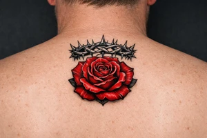 Red rose, no stem, leaves , American traditional style
Put something on top like a crown shaped thorns tattoo idea