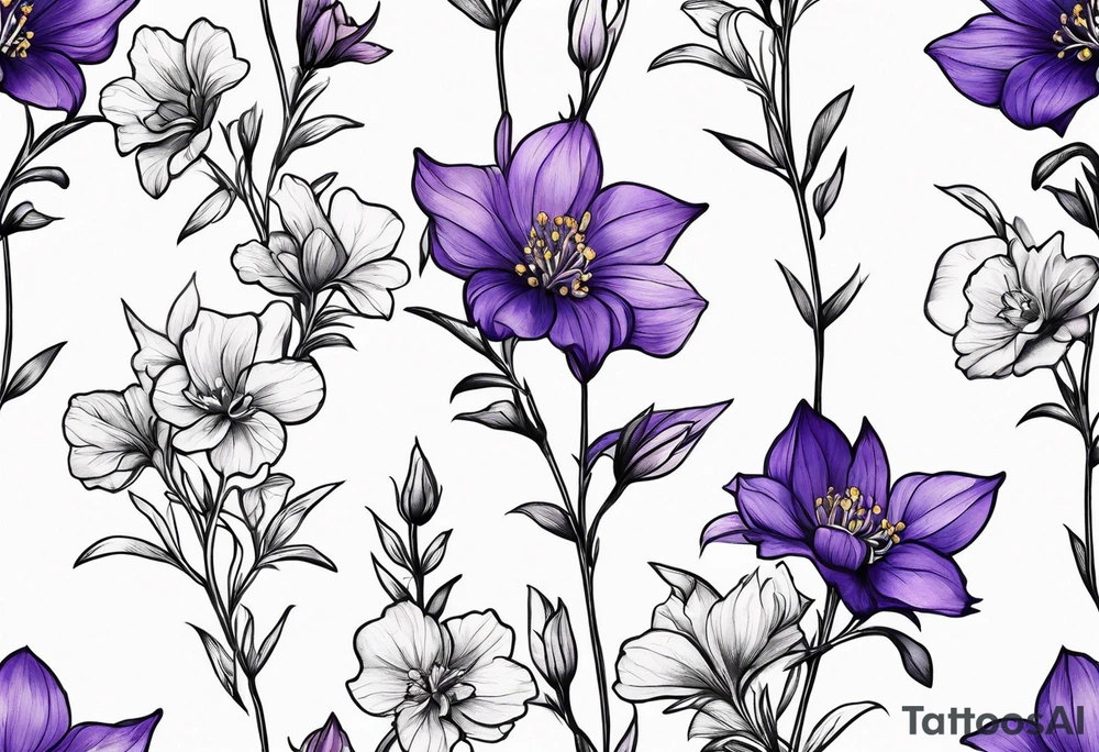 Simple Tattoo of florals of larkspur with stem, carnation with stem, violet, with stem, daisy with stem tattoo idea