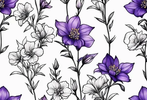 Simple Tattoo of florals of larkspur with stem, carnation with stem, violet, with stem, daisy with stem tattoo idea