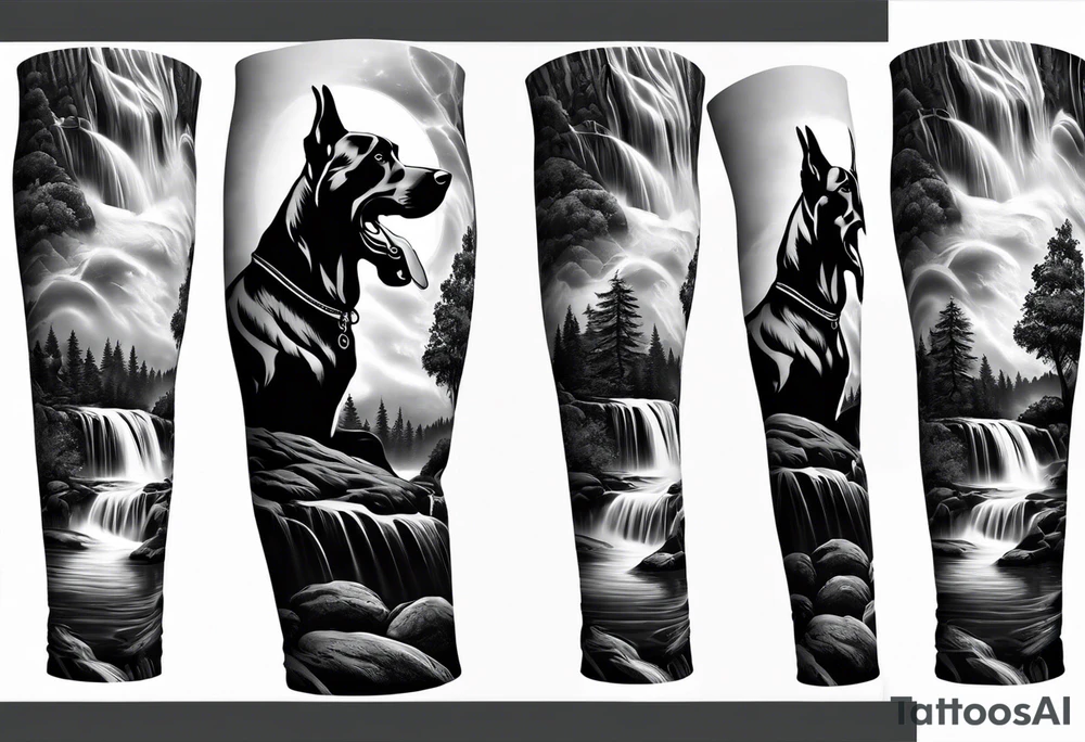 Arm sleeve-  with four Great Danes in front of waterfall tattoo idea