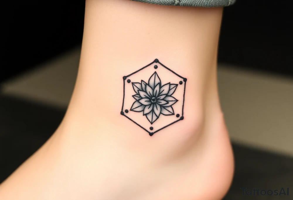 Hexagon with astrological sign for Leo,  larkspur and water lilies in the center tattoo idea