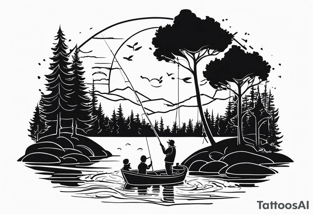 Father, son, and daughter fishing in a lake surrounded by trees. tattoo idea