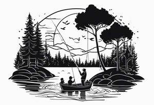 Father, son, and daughter fishing in a lake surrounded by trees. tattoo idea