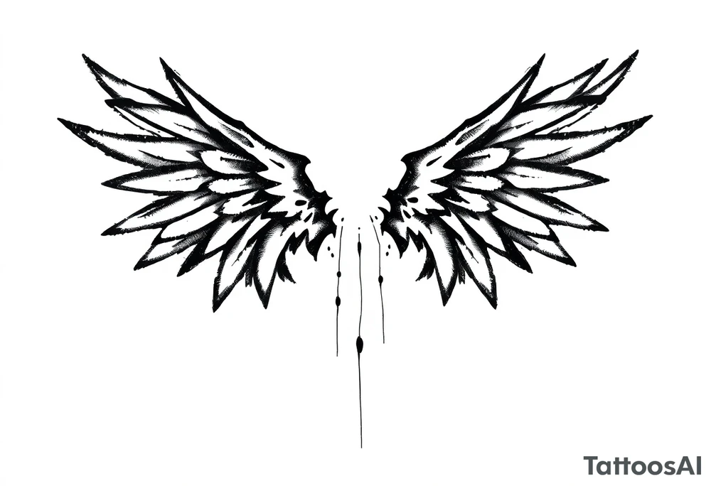 This tattoo design features a pair of stylized wings drawn in black ink with a sketch-like, abstract aesthetic. The wings are composed of sharp, angular feathers with jagged edges, giving them a rough, almost tribal or gothic appearance. The shading is done with a mix of soft gradients and stippling, adding depth and texture to the design. The center where the wings meet is fragmented, with thin lines extending downward, creating a sense of movement and raw energy. This design would make for a bold and edgy tattoo, symbolizing freedom, strength, or a rebellious spirit. tattoo idea