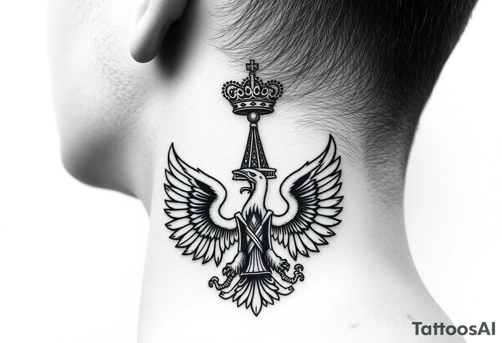 St. George, 3 russian imperial crowns above the Russian coat of arms double eagle and sitting above its wingspan sitting just above Kremlin or St. Basil's Cathedral scene  on the side of my neck tattoo idea