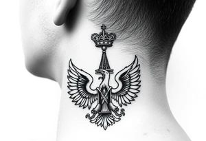 St. George, 3 russian imperial crowns above the Russian coat of arms double eagle and sitting above its wingspan sitting just above Kremlin or St. Basil's Cathedral scene  on the side of my neck tattoo idea