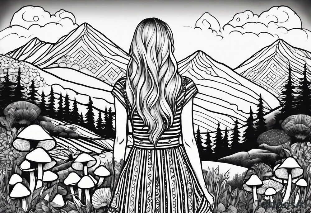 Straight blonde hair girl holding mushrooms in hand facing away toward mountains surrounded by mushrooms mandala circular design black and white striped dress tattoo idea