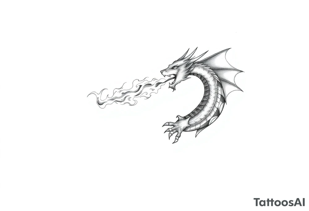 fierce dragon breathing iridescent fire against stormy skies tattoo idea