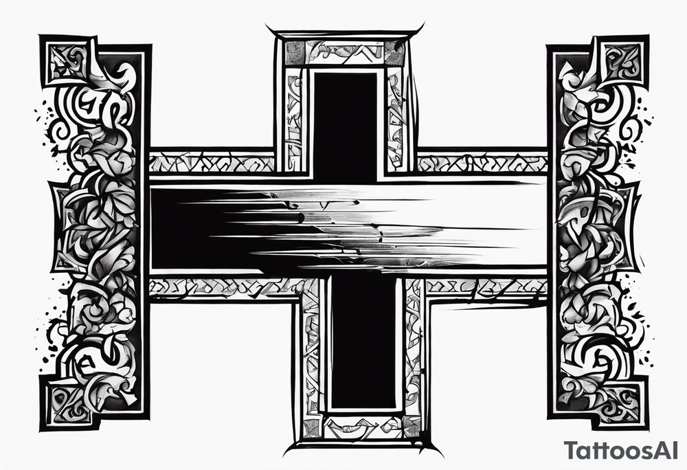 tattered cross with the word Endure going through the top of the cross and Roman's 5:3-5 going down the side tattoo idea