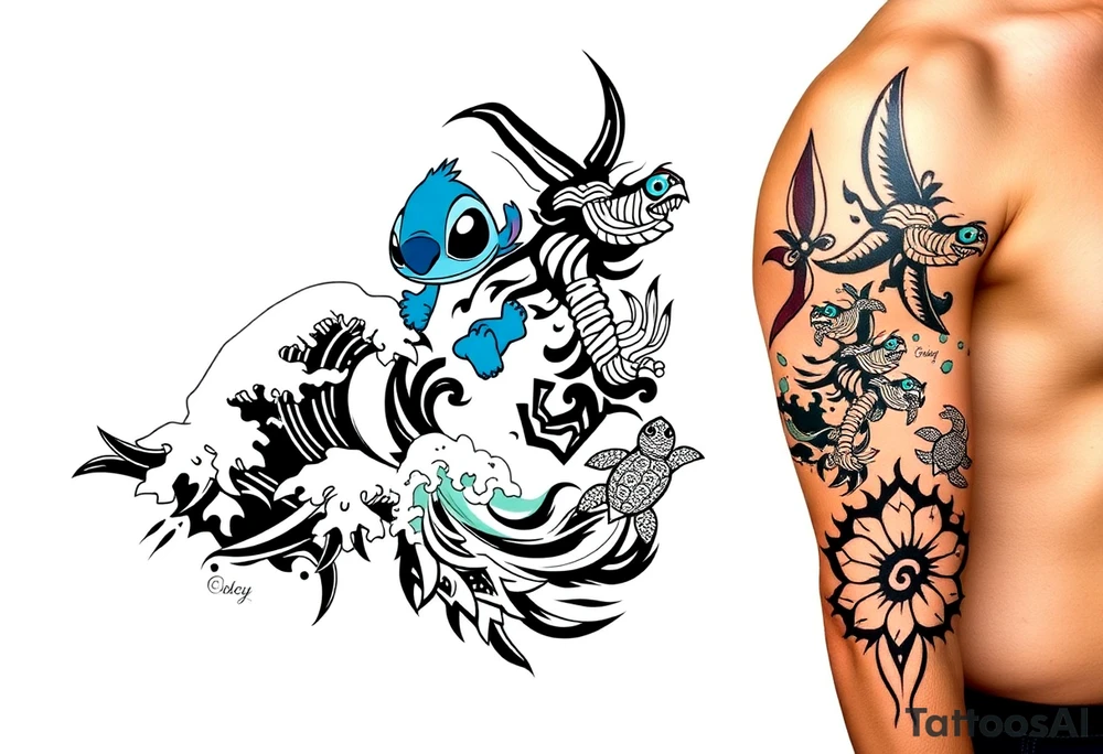 a half sleeve, right side on upper arm, incorporate waves, while adding disney characters lilo and stitch, as well as characters and items from moana, including moana, maui, heihei, pua, heart of tefiti. Making it kind of hawaiian themed, adding some turtles tattoo idea