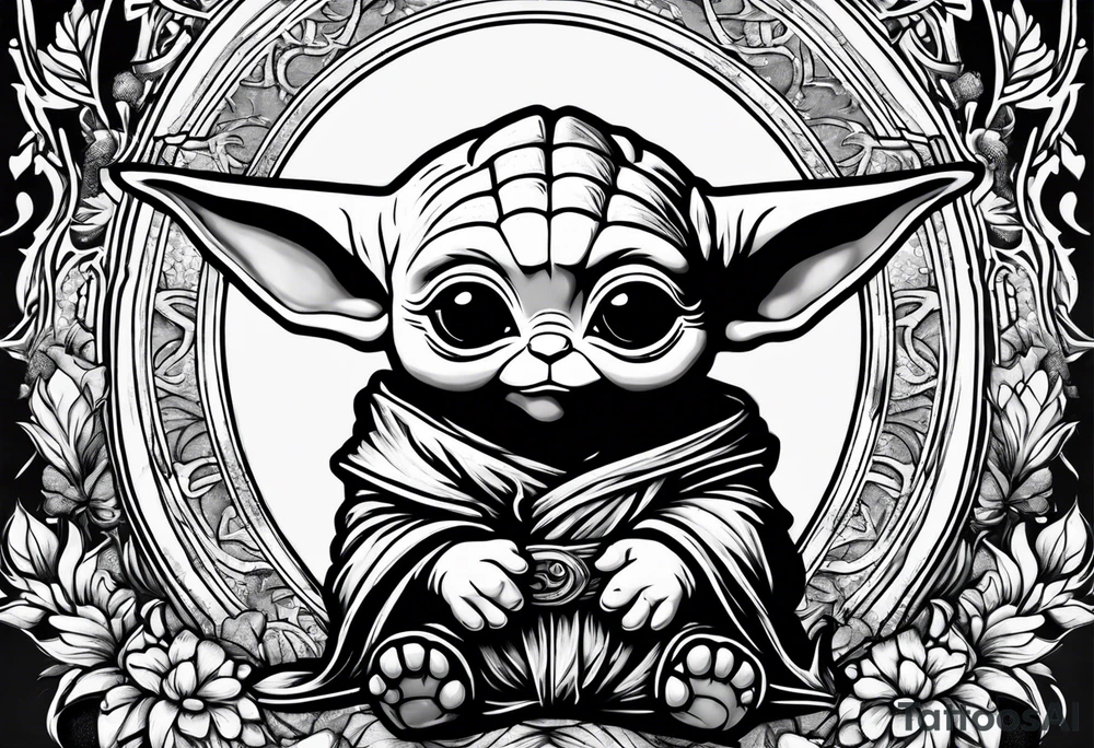 baby yoda sitting on a unicorn tattoo idea