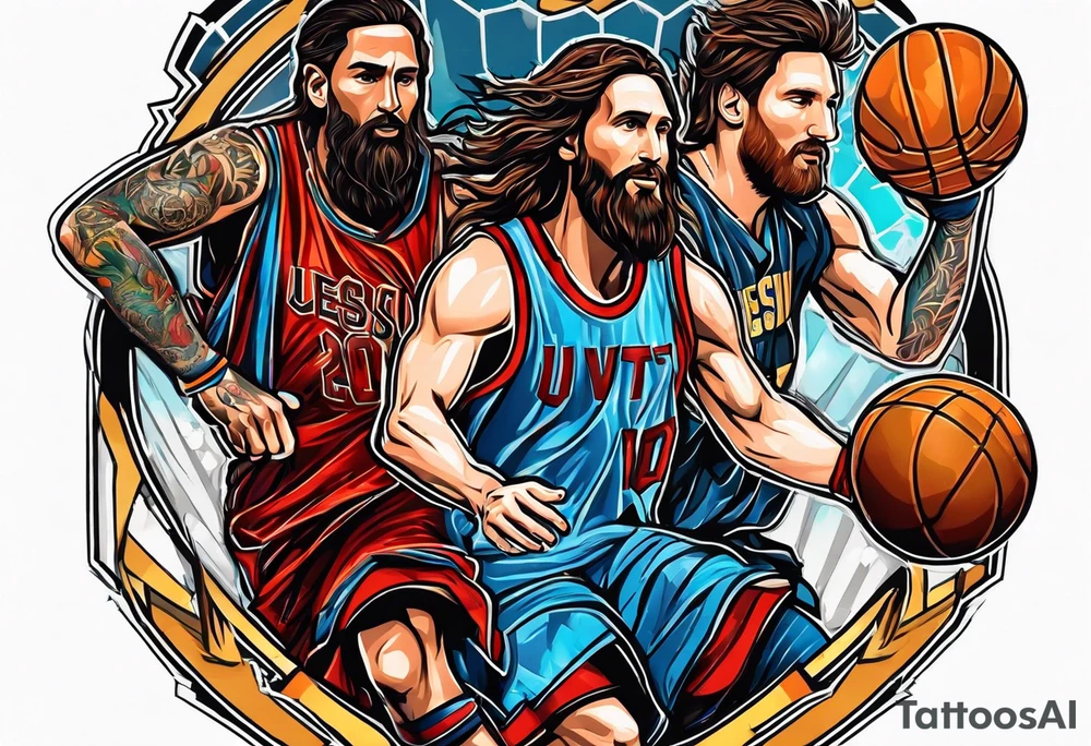 jesus christ and messi playing basketball tattoo idea