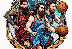 jesus christ and messi playing basketball tattoo idea