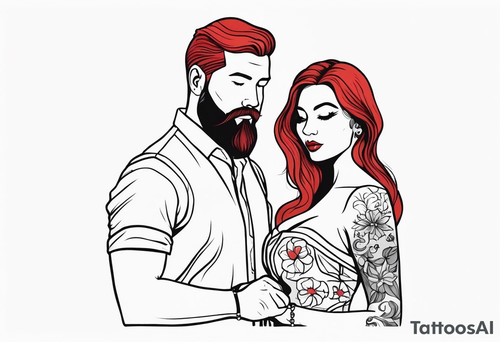 Busty red haired woman with a bearded man who has black hair getting married tattoo idea