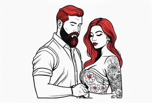 Busty red haired woman with a bearded man who has black hair getting married tattoo idea