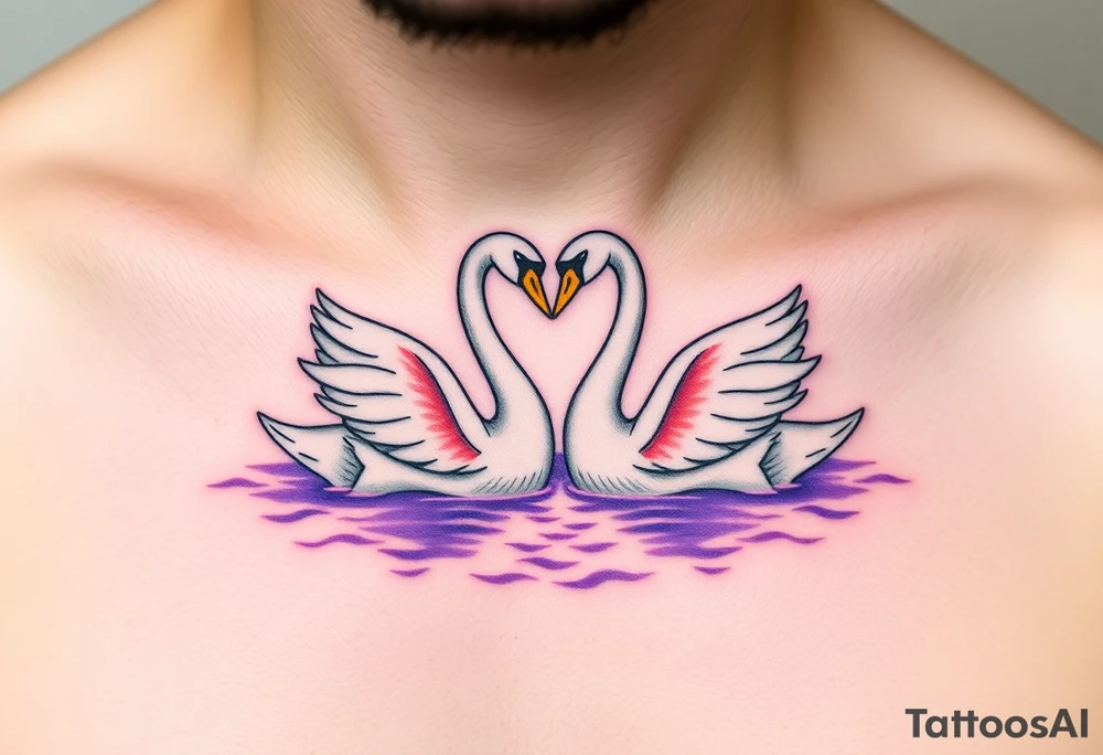 Two swans in graceful white with golden beaks, forming a heart with their necks, floating on a shimmering lavender-hued lake tattoo idea