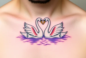 Two swans in graceful white with golden beaks, forming a heart with their necks, floating on a shimmering lavender-hued lake tattoo idea