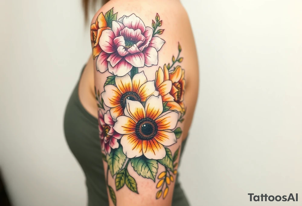 Hourglass climbing roses with sunflowers dragon eyes peeking through tattoo idea