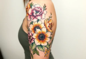 Hourglass climbing roses with sunflowers dragon eyes peeking through tattoo idea