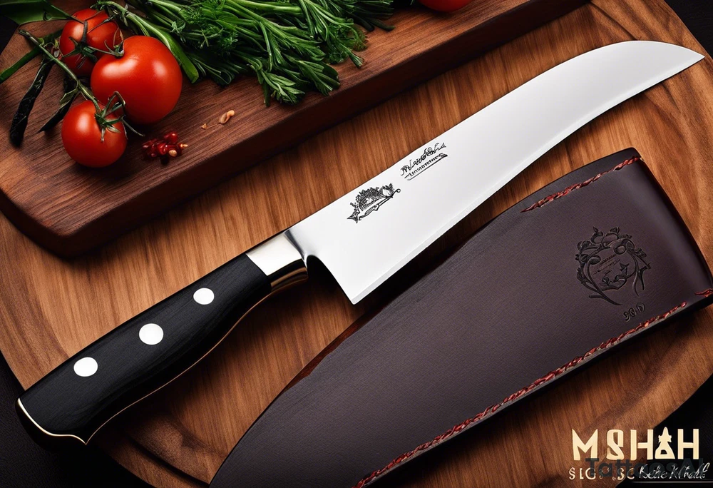 I want a realistic tattoo in the shape of a slicing knife like a Miyabi Birchwood SG2 Chef's Knife, well detailed especially on the handle, with a scene of a professional kitchen on the blade, such as a large central plancha with 2 enthusiastic cooks in the heat of the action (one with his back to t tattoo idea