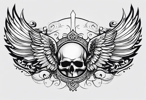 the word Glenn on a banner and angel wings tattoo idea
