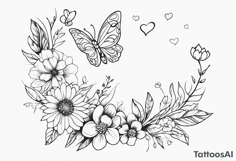 Create a small minimalistic tattoo for mothers and daughters with butterflies and flowers tattoo idea