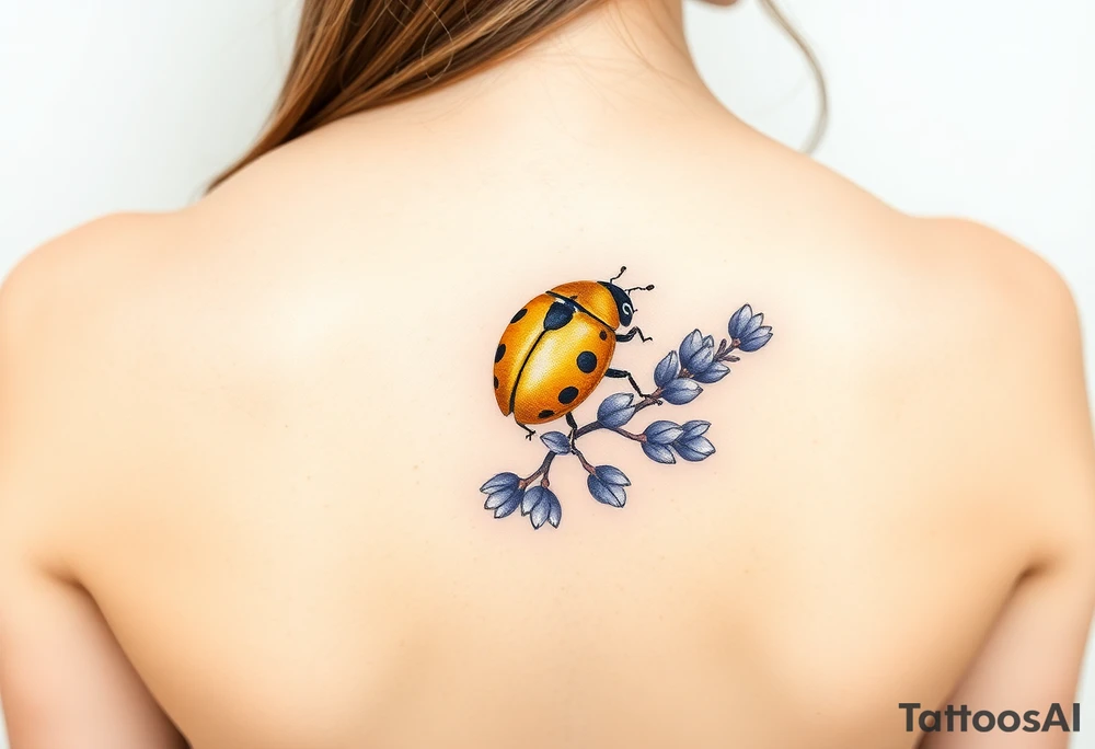 Golden or yellow ladybug on a lavender branch tattoo idea