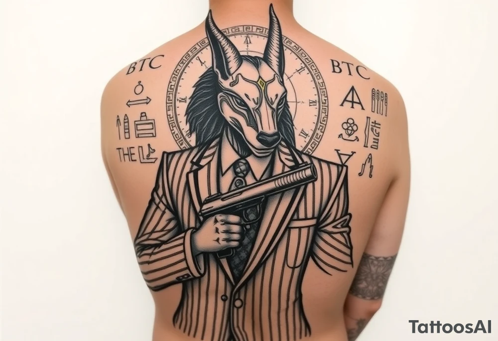 "Anubis in a 1920s gangster pinstripe suit, holding a tommy gun. His jackal head is half-cyborg (exposed circuits). Hieroglyph background spells 'BTC TO THE MOON'.  

Style: Art Deco meets cyber-Egyptian. Black/red/gold ink. Forearm sleeve." tattoo idea