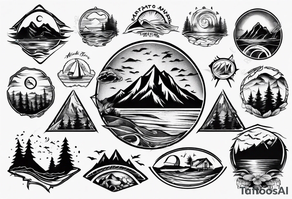 portrait tattoo with mountains, beach, waves, sunset, camping, trees tattoo idea