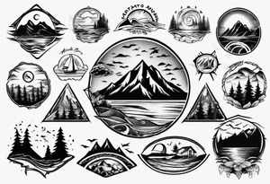 portrait tattoo with mountains, beach, waves, sunset, camping, trees tattoo idea