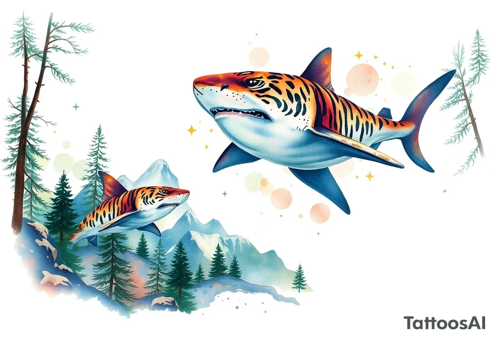 forest mountains and tiger sharks, tattoo idea
