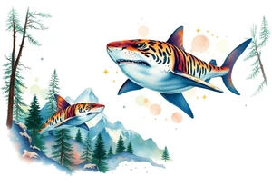 forest mountains and tiger sharks, tattoo idea