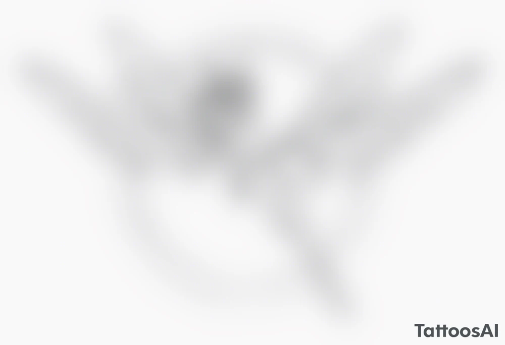 No color sketch of a fairy with a tail inspired by the guild symbol in the anime show called Fairy Tail in a fetal position leaning forward while crawled in and her body is an angle while floating in the air with big wings tattoo idea