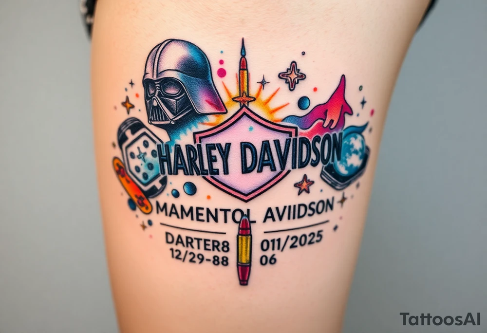 colorful futuristic memory tattoo for passed boyfriend;, star wars, Harley Davidson, skateboarding, puzzle pieces, video games, heaven, god, outdoors, 9mm bullet, words MEMENTO MORI & DARTH CARTER 12/29/88-01/06/2025 tattoo idea