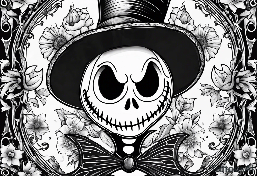 Jack Skellington with flowers as a border tattoo idea Jack Skellington with flowers as a border tattoo idea