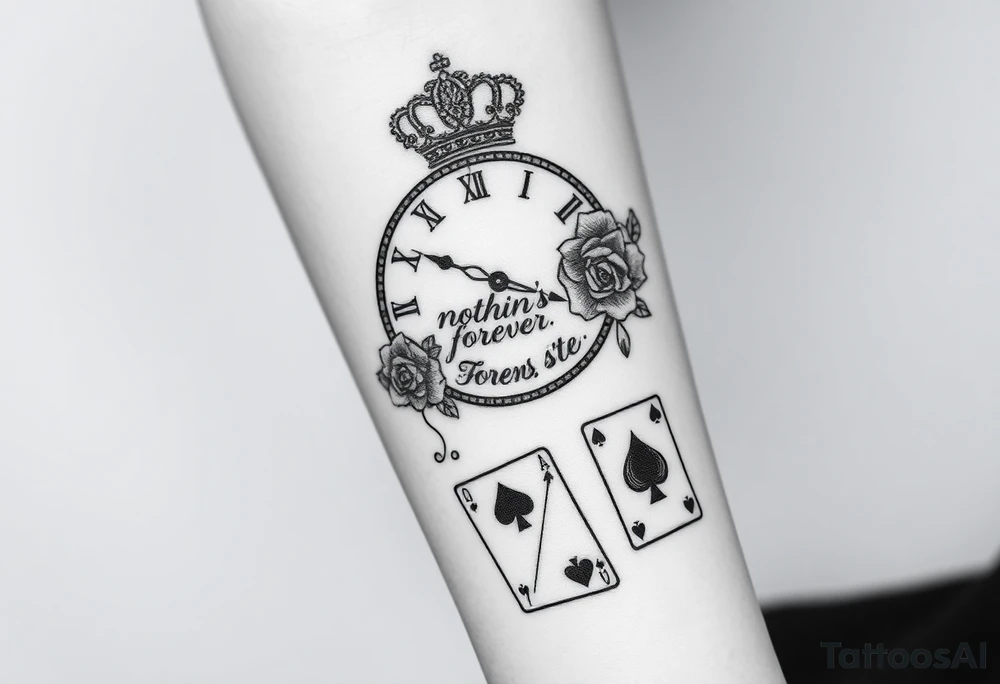 Roman clock with roses and a crown,  a quote that says nothings forever. and on the bottom a deck of cards tattoo idea