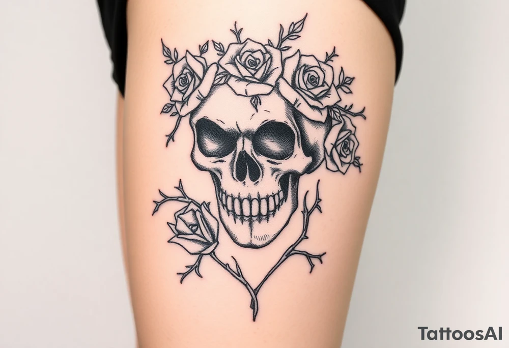 ornate skull adorned with crown of wild roses and thorns tattoo idea
