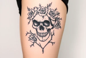 ornate skull adorned with crown of wild roses and thorns tattoo idea