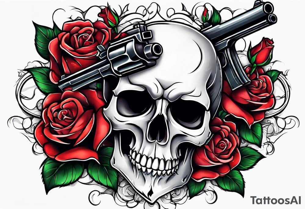 skull with a gun a  rose and a heart tattoo idea